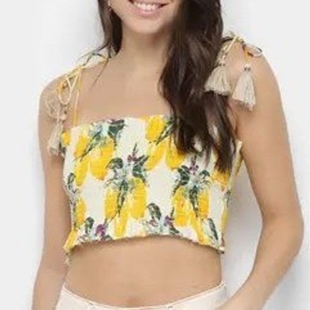 Farm Rio Womens Lemons Print Smocked Boho Crop Top Size S Cottage Festival Beach